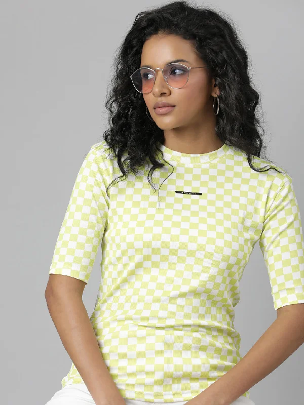 Women Lime Green Checked T Shirt