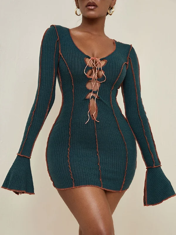 Colorblock Tie Front Long Sleeve Deep V Neck Pencil Natural Mini Dress