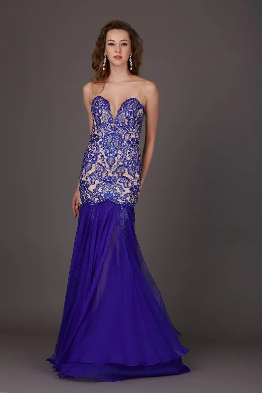 Angela & Alison - 61205 Beaded Strapless Fitted Evening Dress - 1 pc Royal Blue/Nude in Size 16 Available