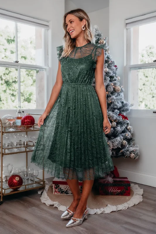 Green Floral Lace Pleated Midi Dress - FINAL SALE