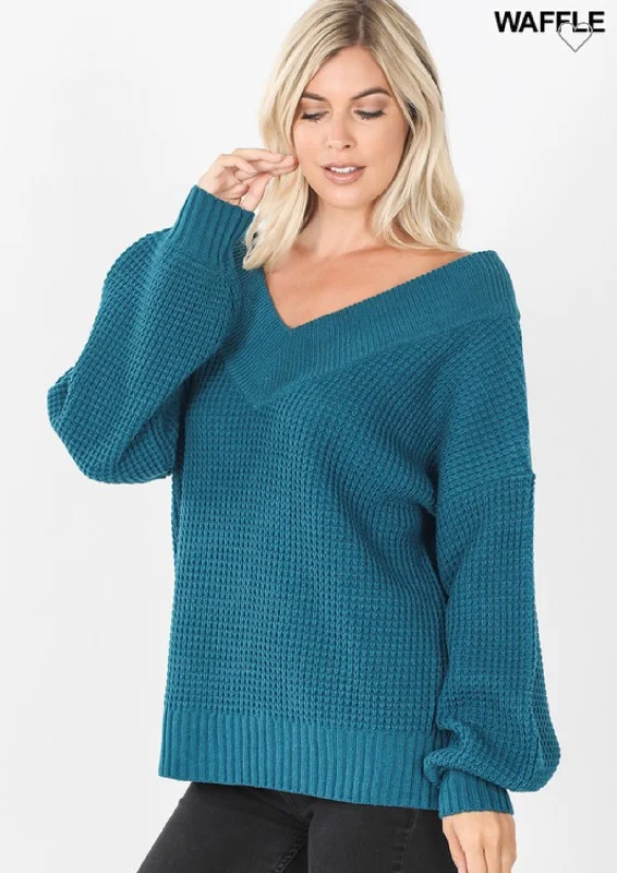 Teal V Neck Waffle Sweater