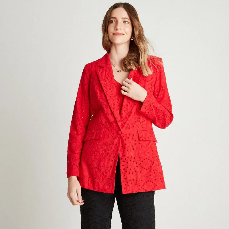 Blazer Rojo De Broderie Cuello Solapa