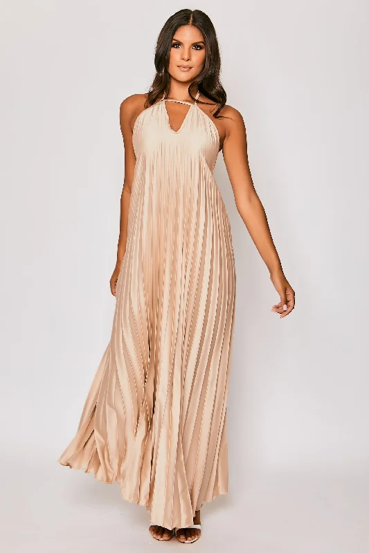 Paloma - Nude Pleated Satin Maxi Dress