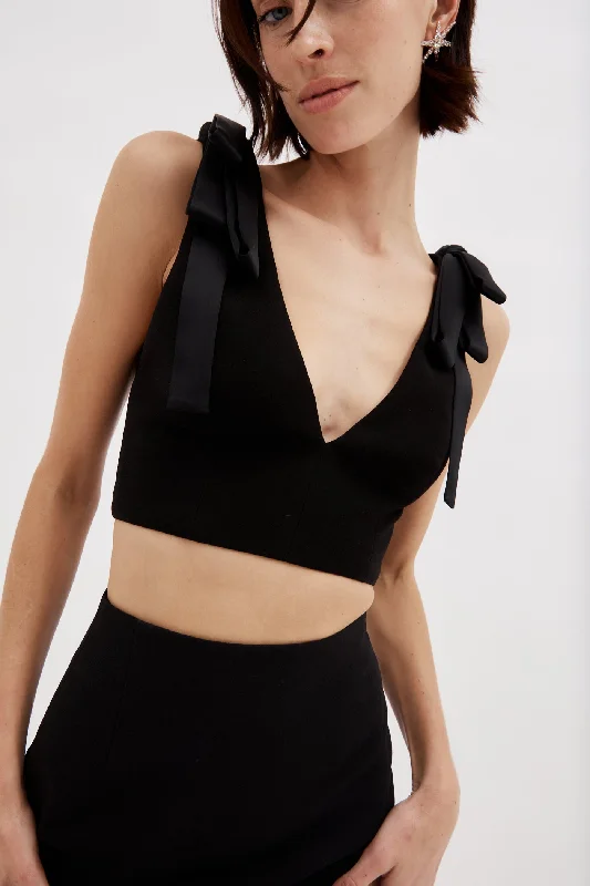 Plunge Black V Top with Bow Detail