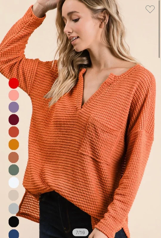 Rust Waffle Knit Top with Pocket