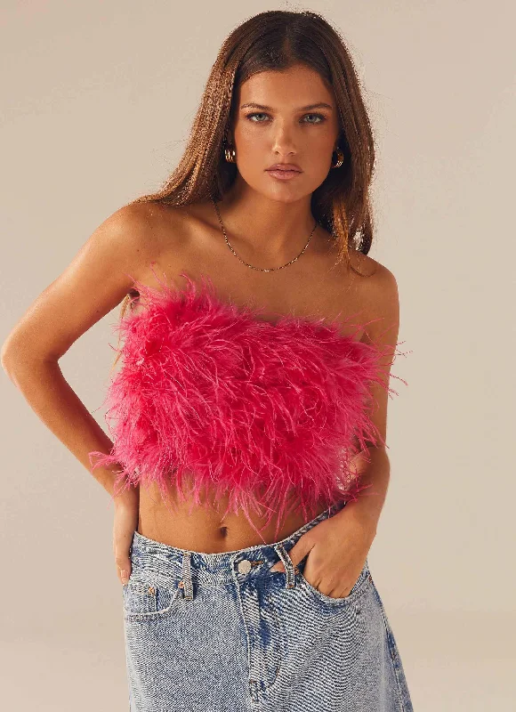 The Night Is Ours Feather Crop Top - Pink Cosmo