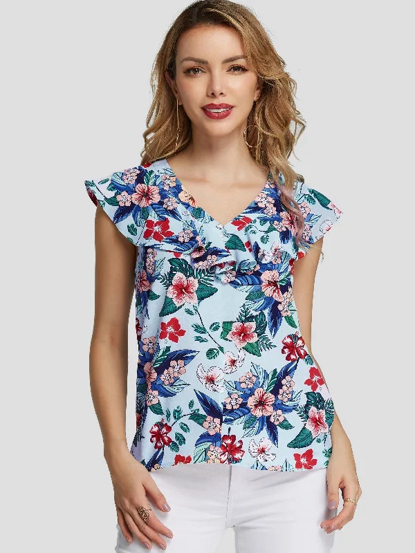 Custom V-Neck Floral Print Tiered Sleeveless Light Blue Tank Top