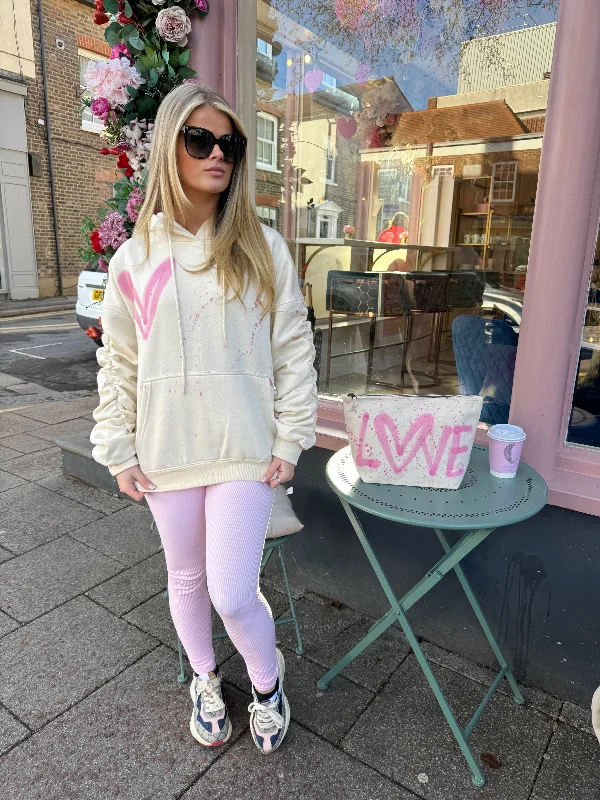 Pink Heart Sprayed Ruched Hoodie