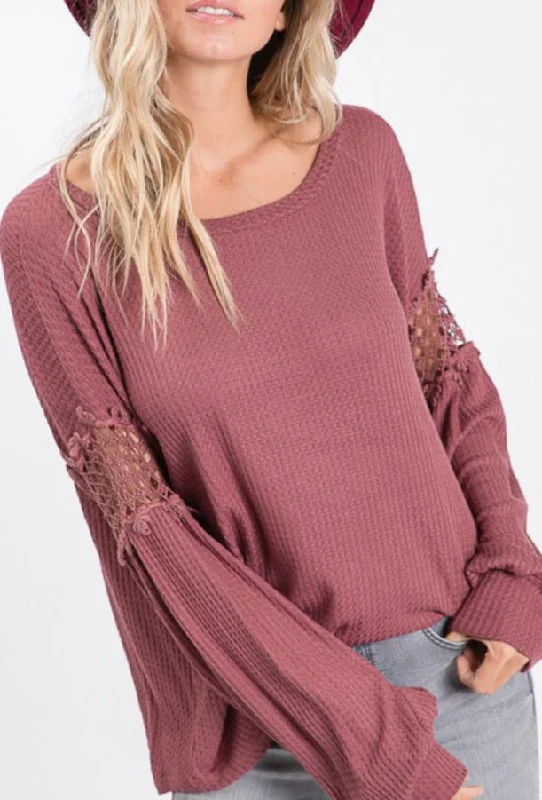 Marsala Bubble Sleeve Lace Detail Top