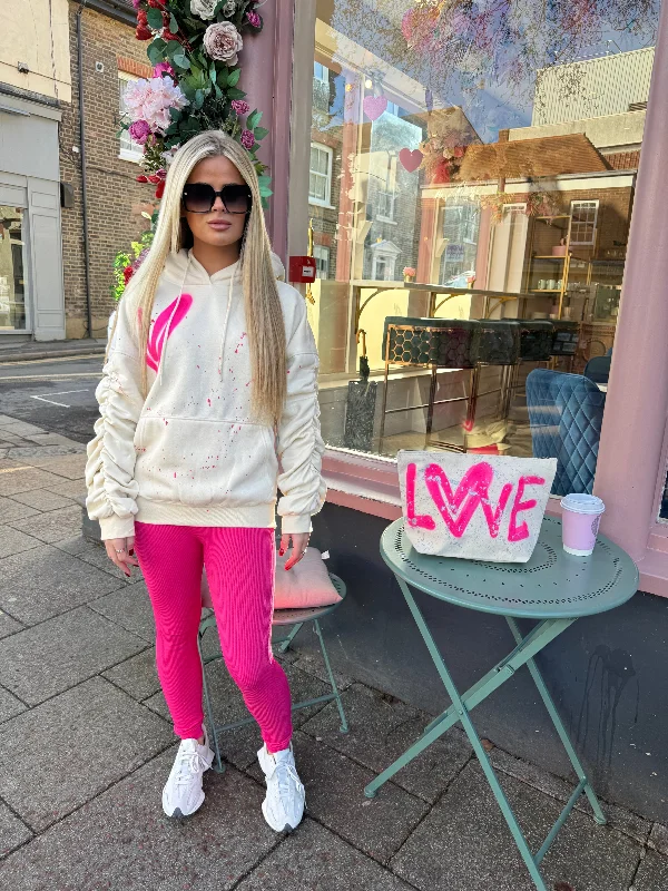 Hot Pink Heart Sprayed Ruched Hoodie