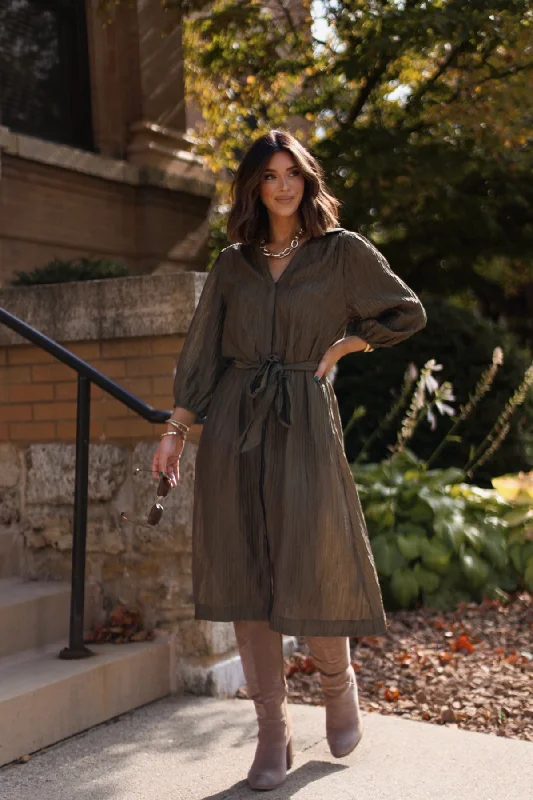 Olive Button Down Belted Midi Dress-FINAL SALE