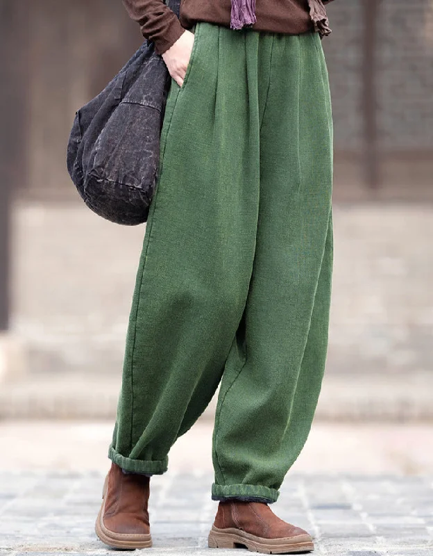 Women Casual Distressed Thickened Warm Cotton Ramie Pants