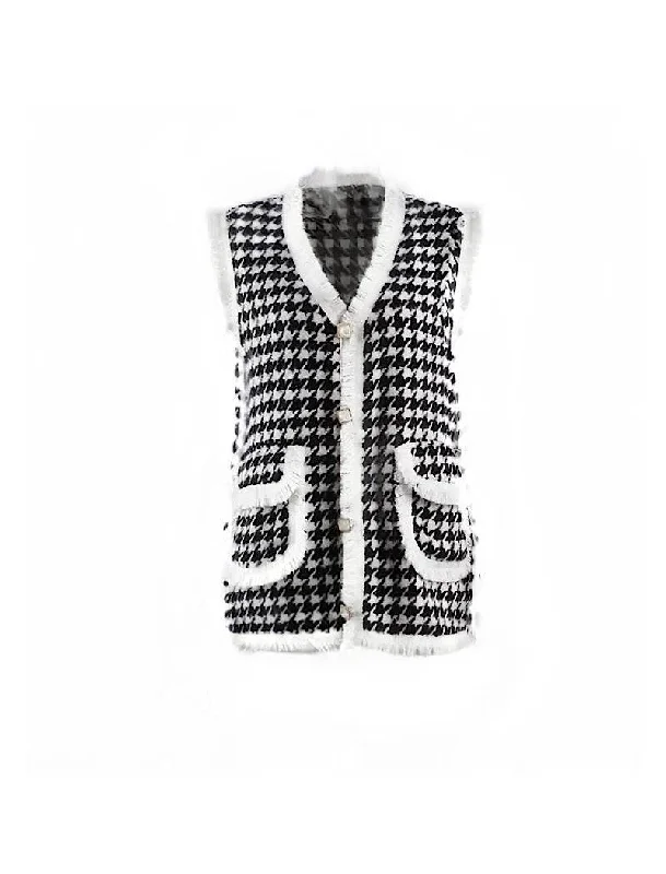 Fringed Houndstooth Pattern Knit Long Vest