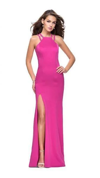 La Femme - Sleeveless High Halter Satin Sheath Gown 25540SC - 1 pc Hot Fuchsia In Size 0 Available