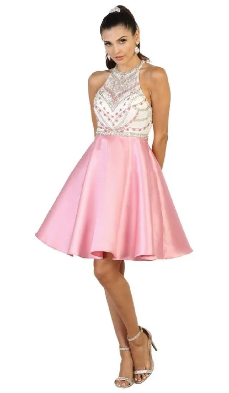 May Queen - Bejeweled Halter Neck Cocktail Dress MQ1492 - 1 pc Pink In Size 4 Available