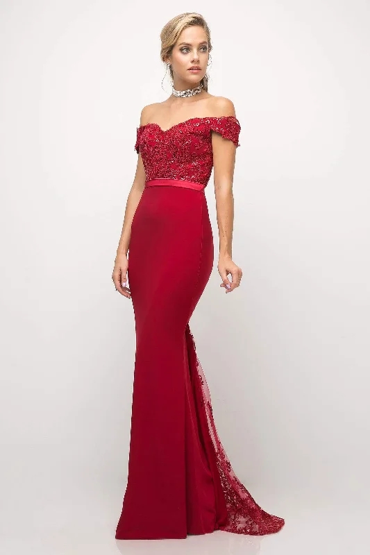 Cinderella Divine - UV001 Beaded Lace Off-Shoulder Bodice Mermaid Evening Gown  - 1 Pc. Deep Red in size 4 Available