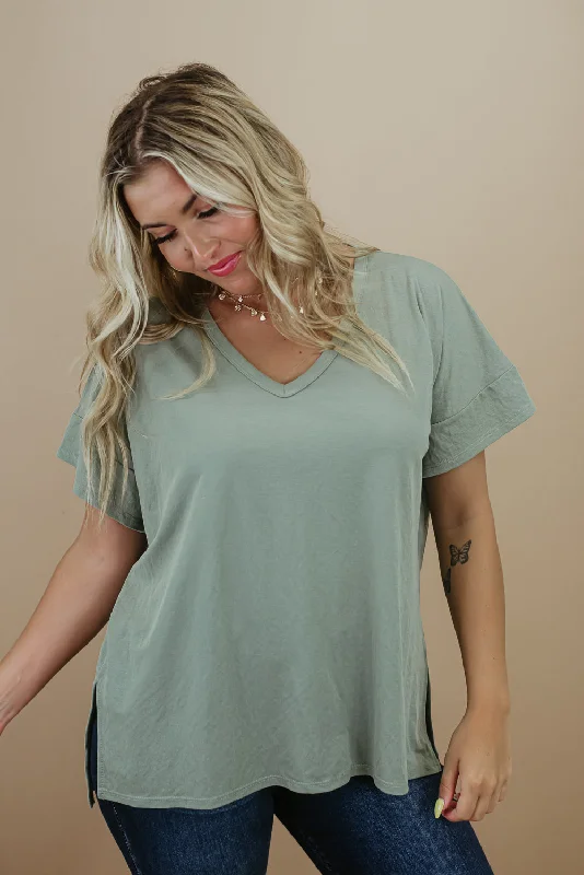 All Basic V Neck Tee, Sage