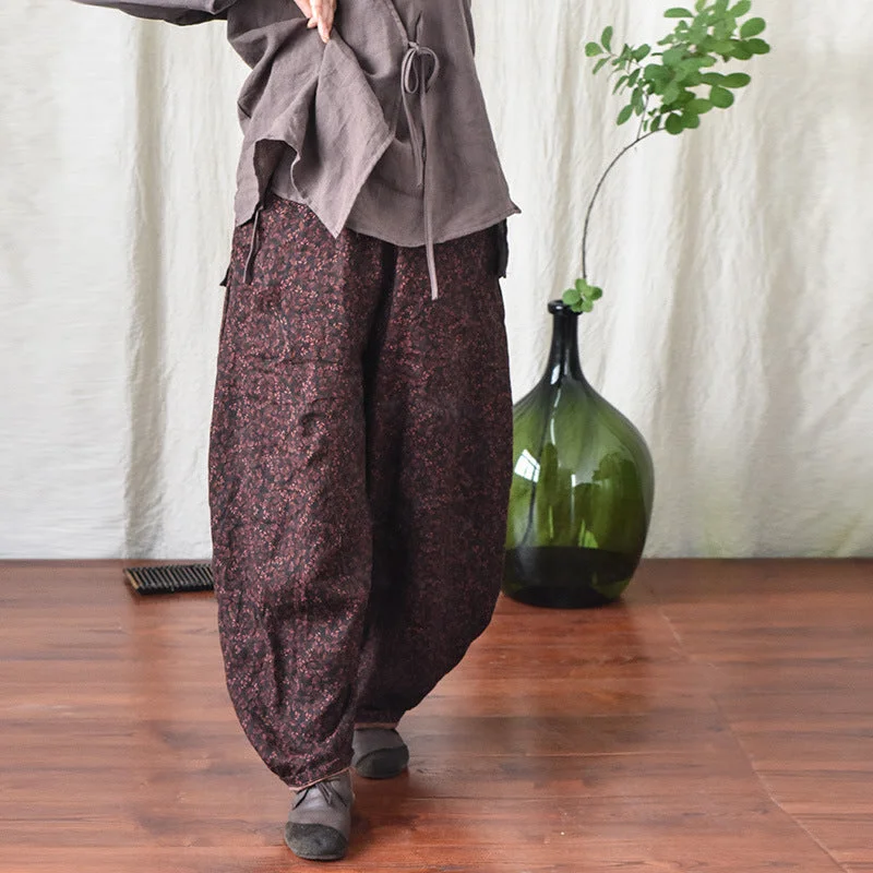 Women Loose Retro Printed Linen Casual Harem Pants