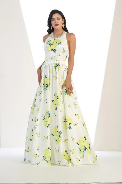 May Queen - Jewel Neck Floral Print Satin Evening Gown RQ7426