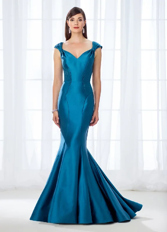 Mon Cheri Fitted Cap Sleeves Stretch Satin Mermaid Gown 118661 - 1 pc Teal in Size 12 Available