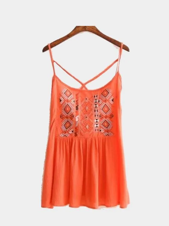 Wholesale Orange Sleeveless Embroidered Camis