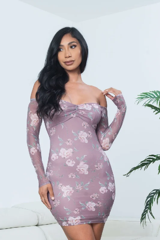 Floral Print Long Sleeve Off Shoulder Ruched Bust Bodycon Mini Dress in Mauve (CD54542)