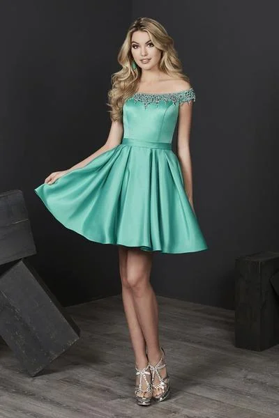 Tiffany Homecoming - Beaded Off-Shoulder Satin A-line Dress 27205 - 1 pc Mermaid In Size 0 Available