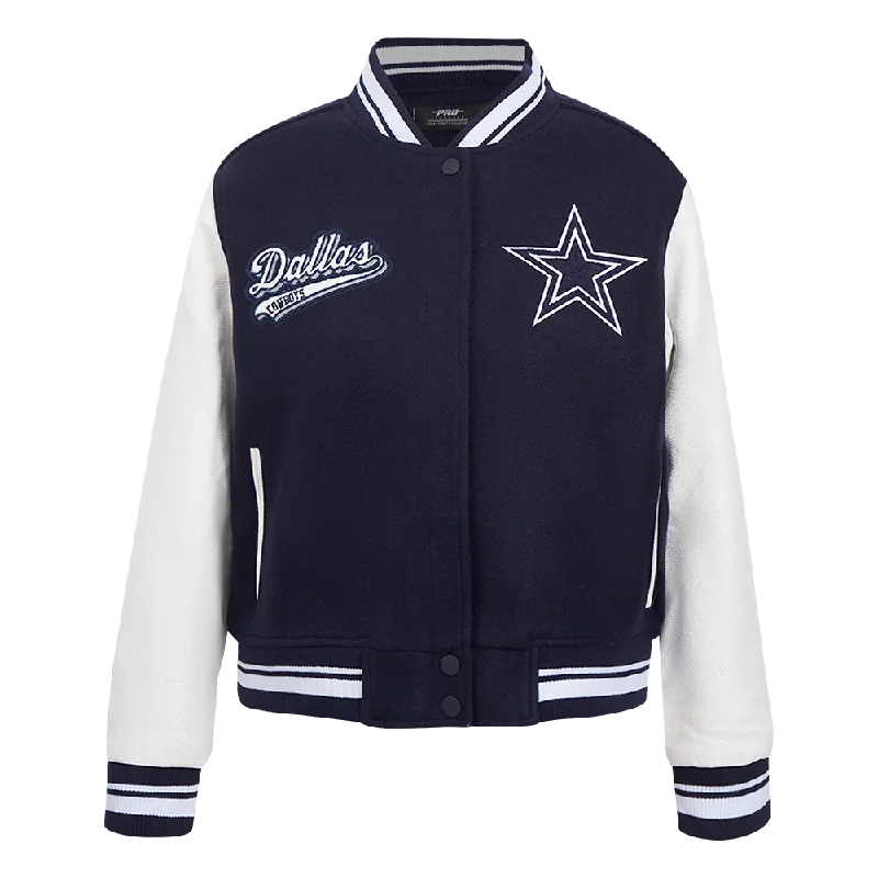 NFL DALLAS COWBOYS SCRIPT TAIL WOMEN'S WOOL VARSITY JACKET (MIDNIGHT NAVY/WHITE)