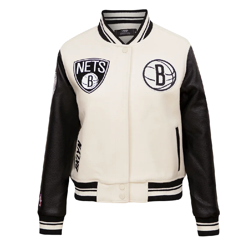 NBA BROOKLYN NETS RETRO CLASSIC WOMEN'S RIB WOOL VARSITY JACKET (EGGSHELL/ BLACK)