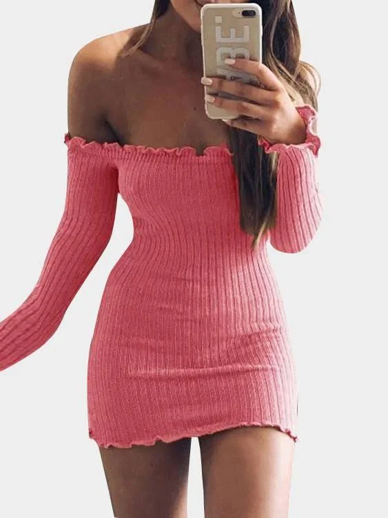 Wholesale Off The Shoulder Long Sleeve Plain Bodycon Mini Dress