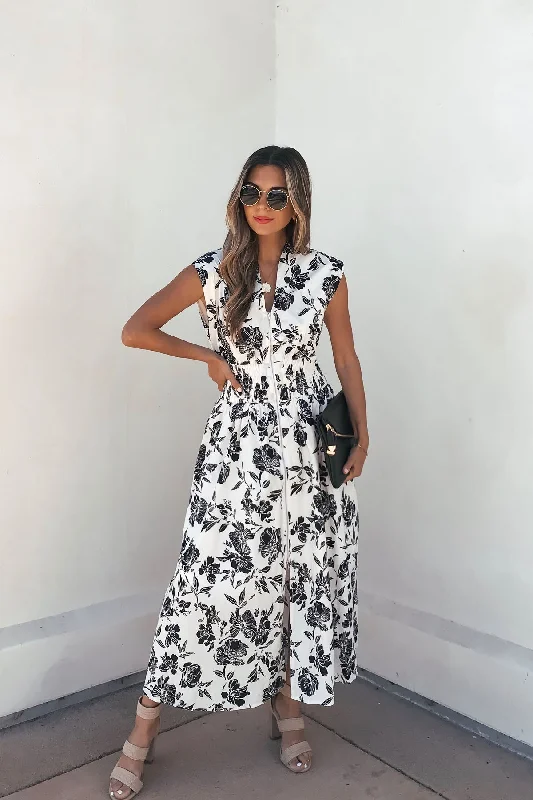 White and Black Floral Print Smocked Midi Dress