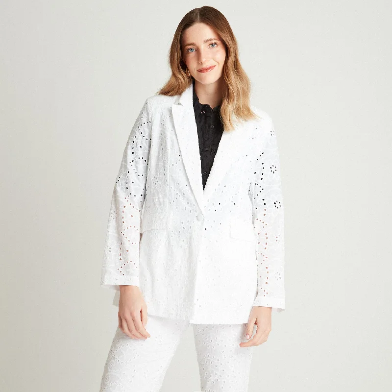 Blazer Blanco De Broderie Cuello Solapa