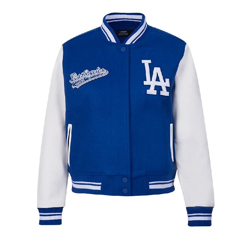 MLB LOS ANGELES DODGERS SCRIPT TAIL WOMEN'S RIB WOOL VARSITY JACKET (DODGER BLUE/WHITE)