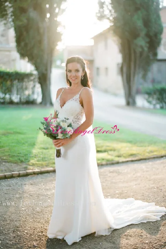 Beaded Appliques V-neck Sheath Destination Wedding Gown with Spaghetti Straps