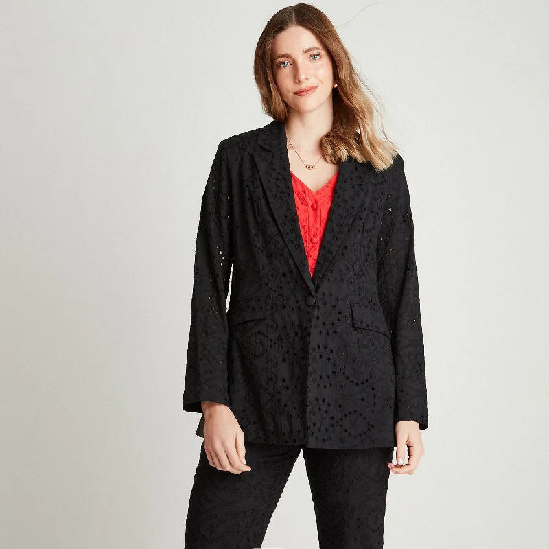 Blazer Negro De Broderie Cuello Solapa