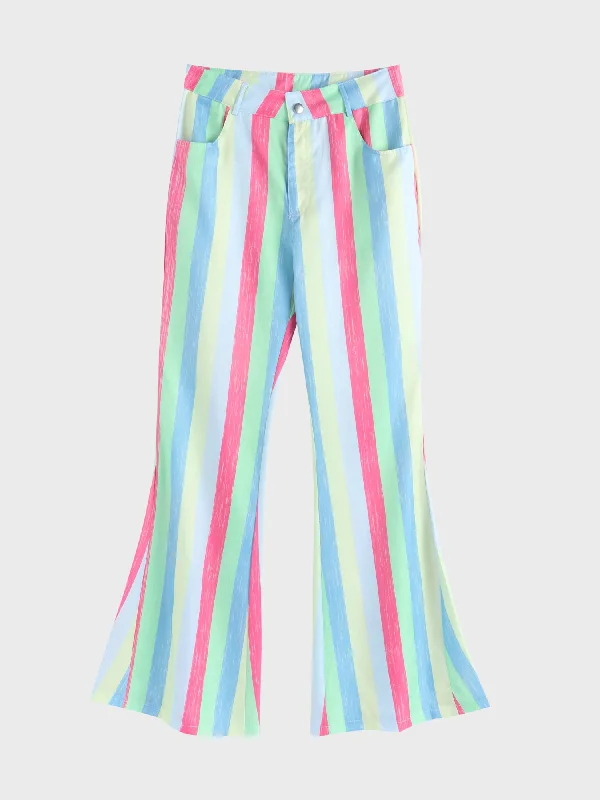 Midsize Mid Rise Striped Colorblock Flared Pants with Pockets