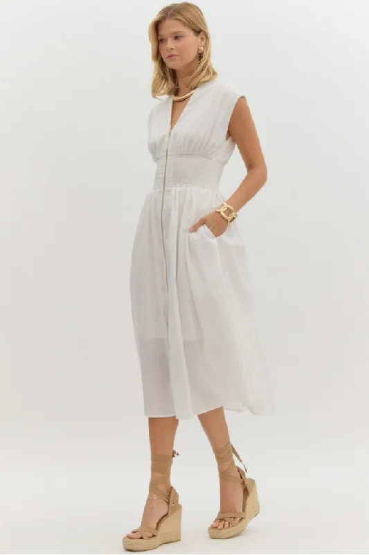 Elizabeth Zip Front Midi Dress in Off White