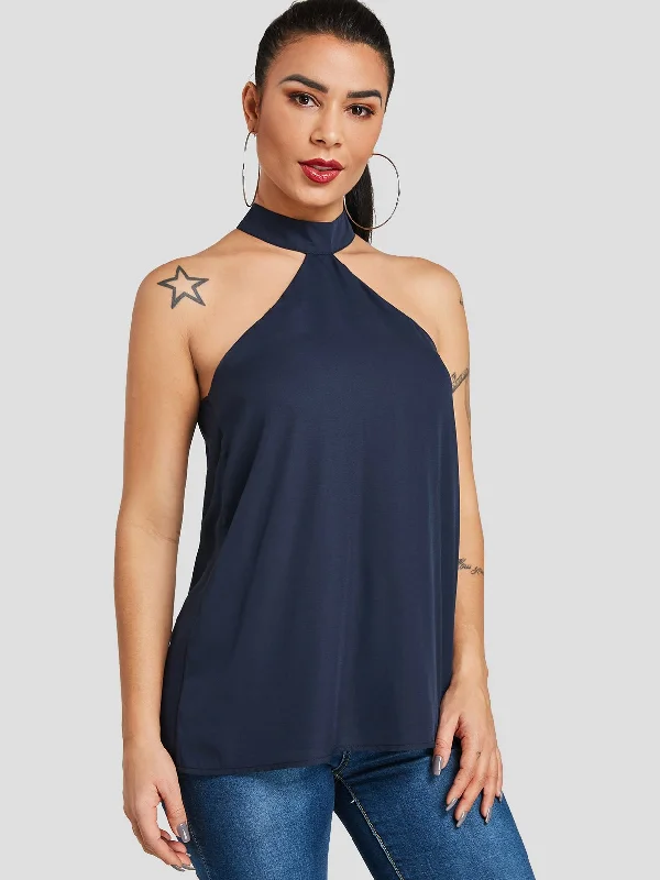 Custom Halter Plain Sleeveless Navy Tank Top