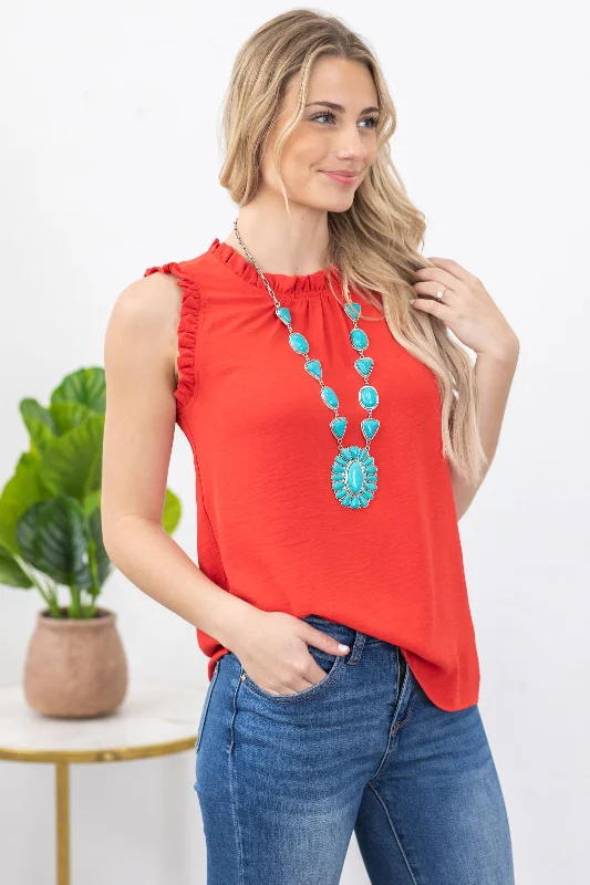 Red Solid Mock Neck With Ruffle Woven Top