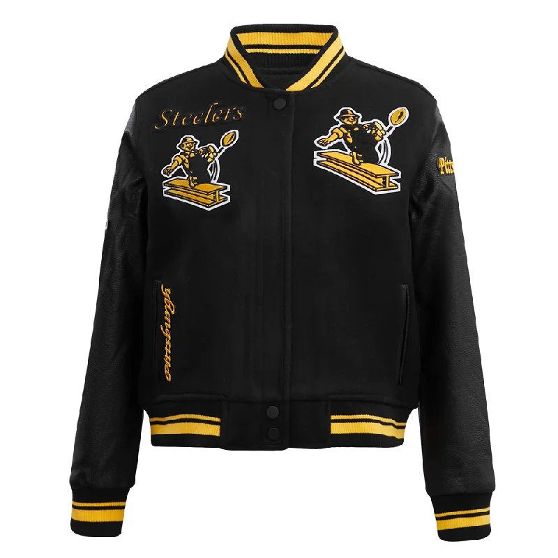 NFL PITTSBURGH STEELERS RETRO CLASSIC WOMEN'S RIB WOOL VARSITY JACKET (BLACK/YELLOW)