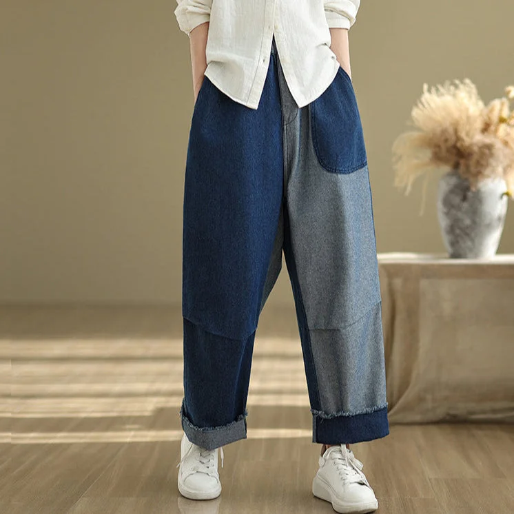 Babakud Women Spring Vintage Patchwork Denim Loose Wide-Leg Pants