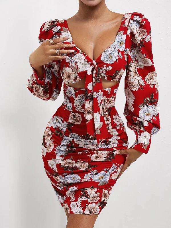 Floral Tie Front Long Sleeve Sweetheart Pencil High Waist Short Dress