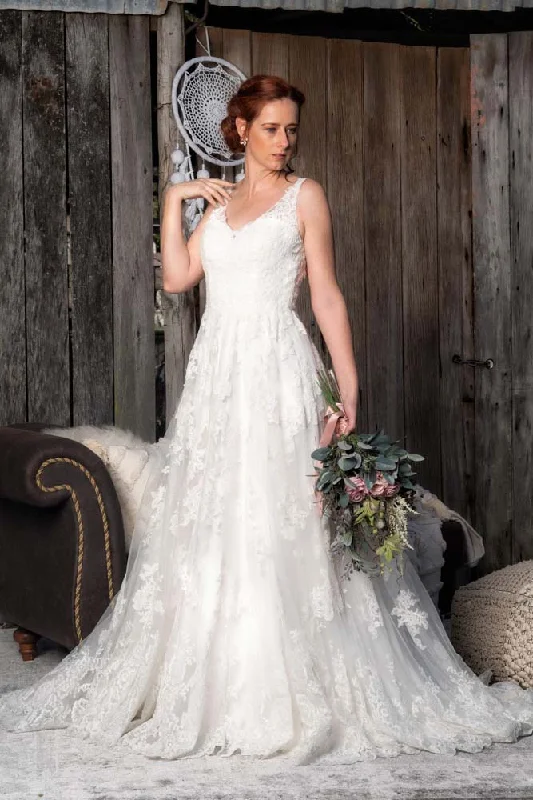 A Line Lace V Neckline with Keyhole Low Back Wedding Dresses Online - #1214A