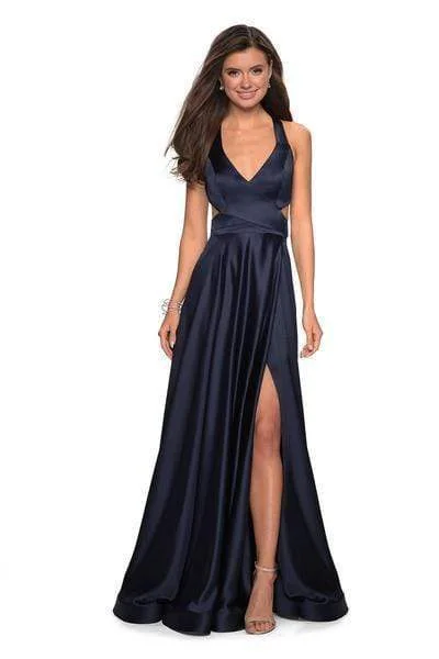 La Femme - Plunging Halter V-neck Satin A-line Evening Gown 27487 - 1 pc Navy In Size 4 Available