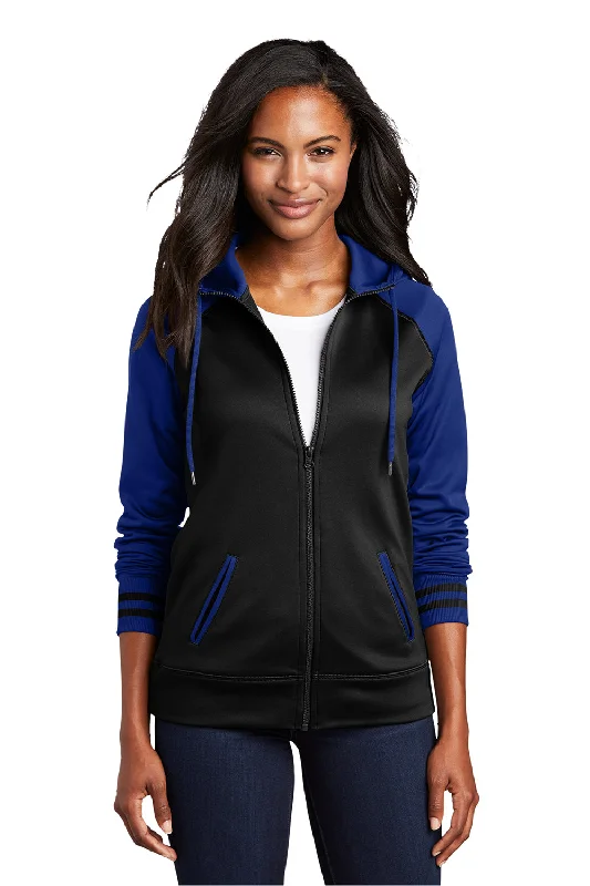 Sport-Tek Womens Sport-Wick Moisture Wicking Fleece Hooded Sweatshirt Hoodie w/ Pockets - Black/True Royal Blue