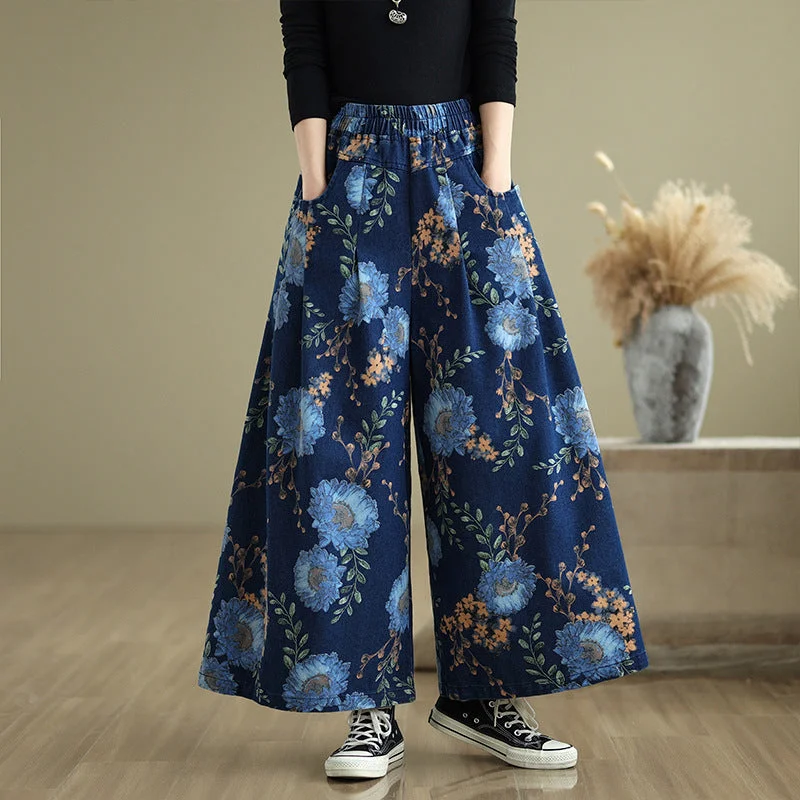 Babakud Women Spring Vintage Denim Printed Floral Wide-Leg Pants