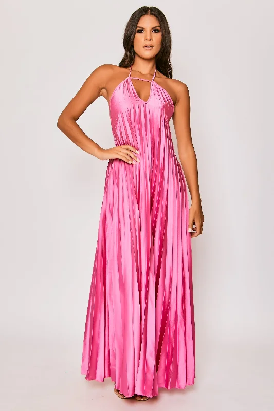 Paloma - Hot Pink Pleated Satin Maxi Dress