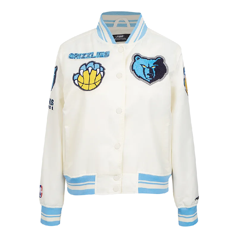 NBA MEMPHIS GRIZZLIES RETRO CLASSIC WOMEN'S RIB SATIN JACKET (EGGSHELL/UNIVERSAL BLUE)